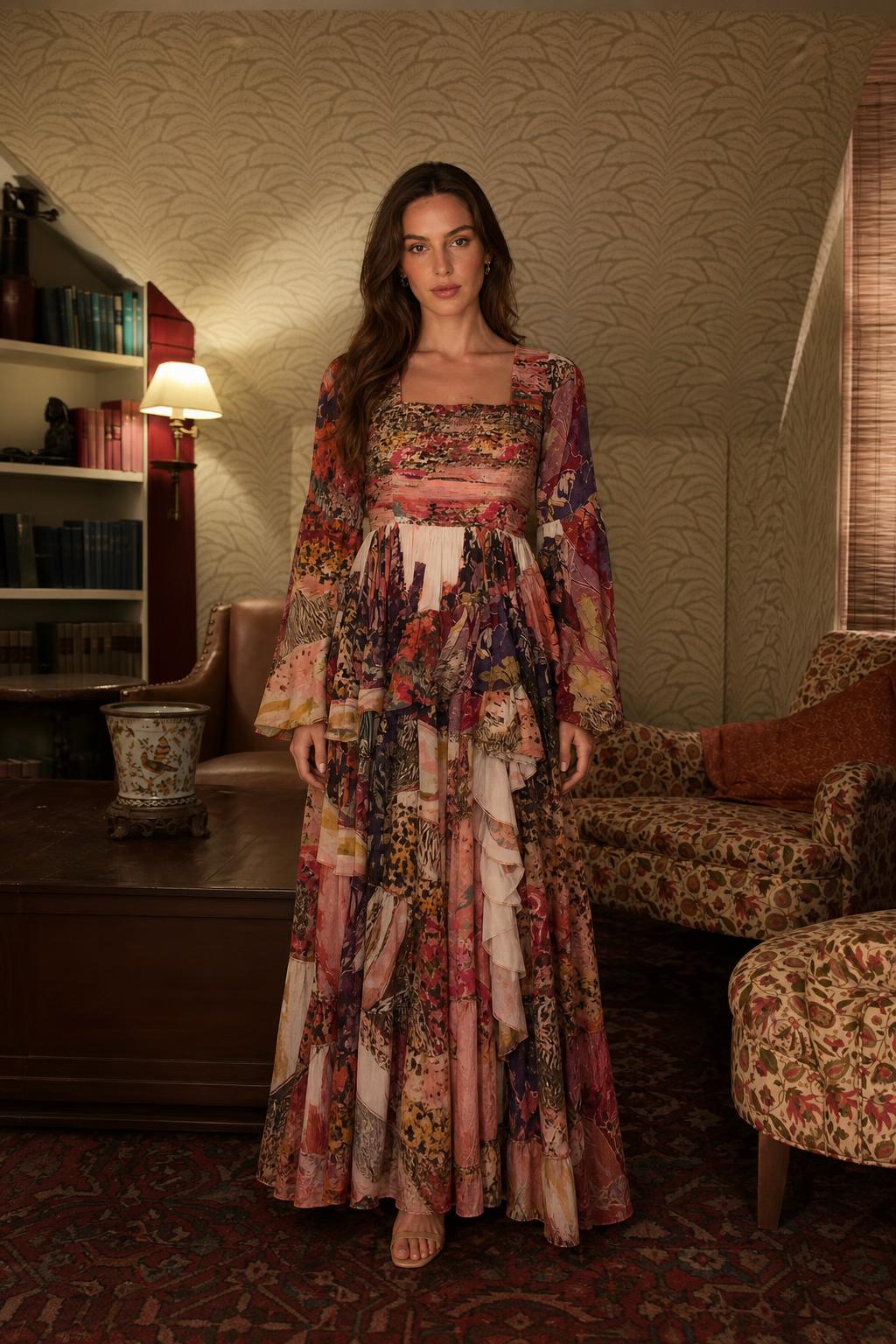 Boho Chic Printed Long Sleeve Ruffle Maxi Dress front view in Multi Pink