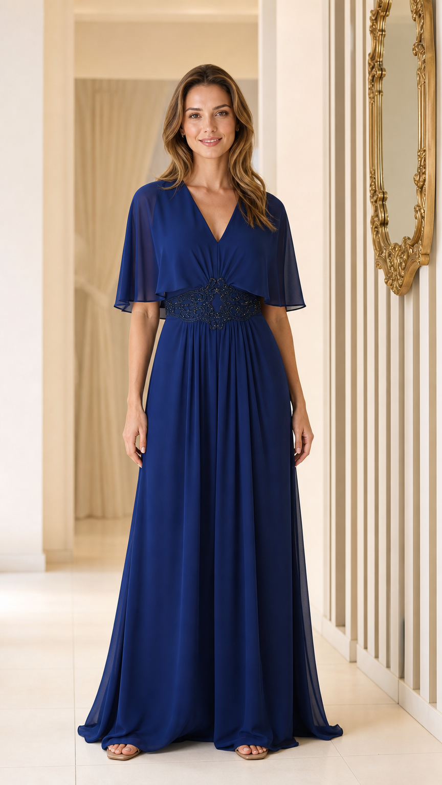 Front view of royal blue V-neck chiffon maxi dress