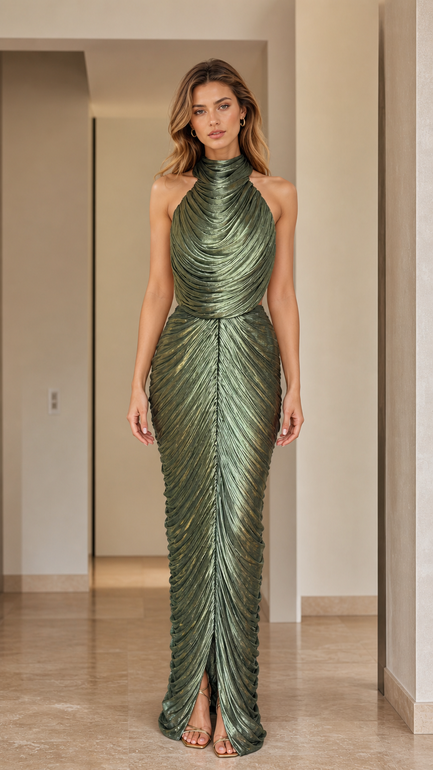 Front view of woman wearing olive green pleated metallic backless maxi gown
