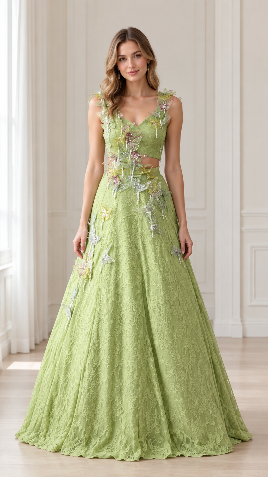 Front view of woman wearing Sage Green 3D butterfly lace cutout evening gown