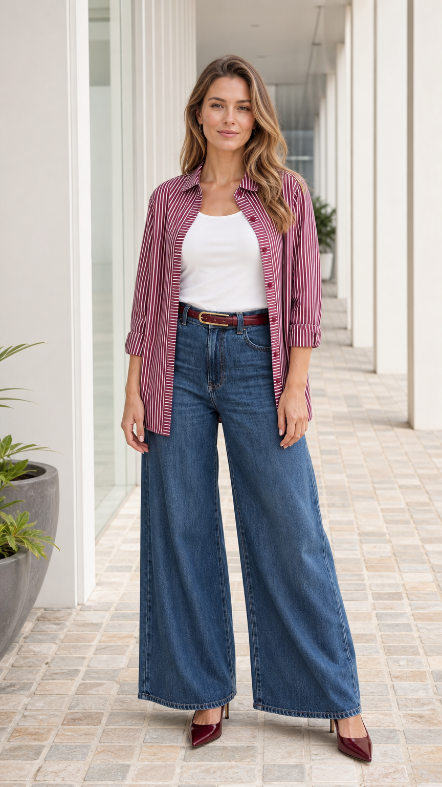 Woman wearing burgundy striped button down shirt with wide-leg jeans, front view