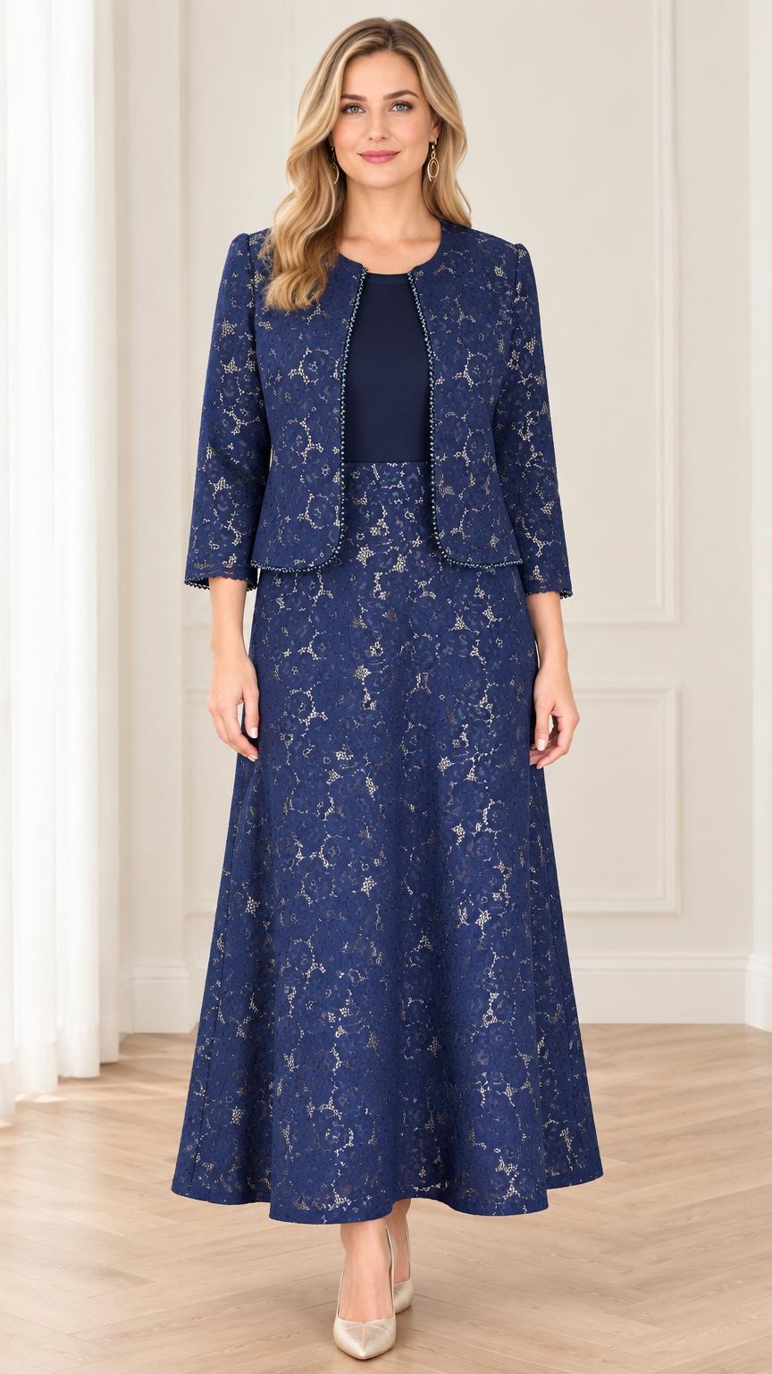 Front view of woman wearing navy blue floral lace two-piece maxi dress set with beaded jacket