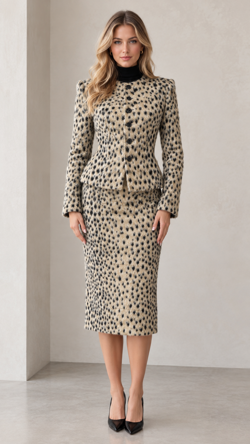 Full front view of beige speckled peplum jacket and midi pencil skirt set