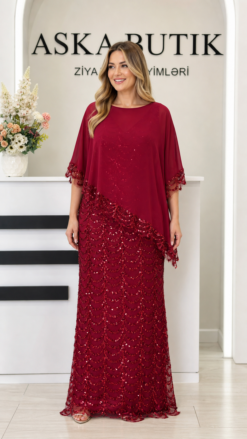 Burgundy sequin maxi evening dress with asymmetrical chiffon capelet front view