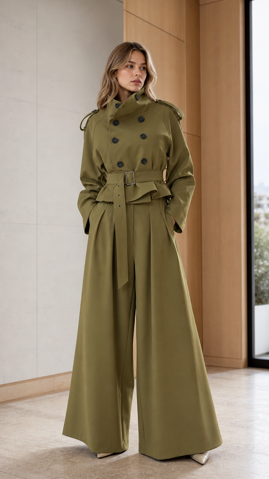 Front view of woman wearing khaki trench jacket and wide leg pants set