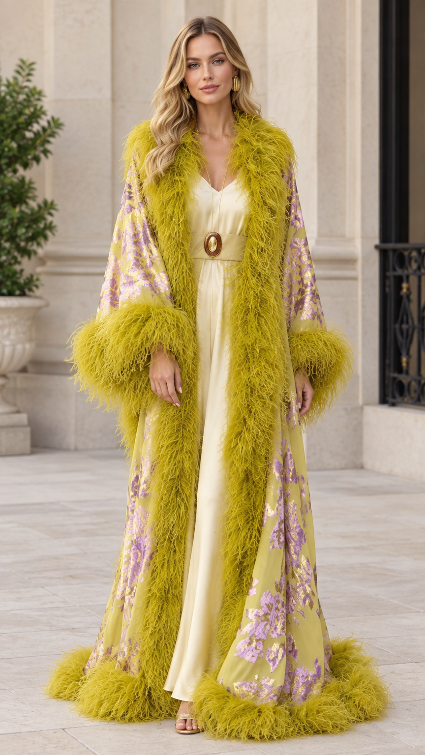 Chartreuse yellow floral jacquard maxi duster robe with voluminous matching feather trim