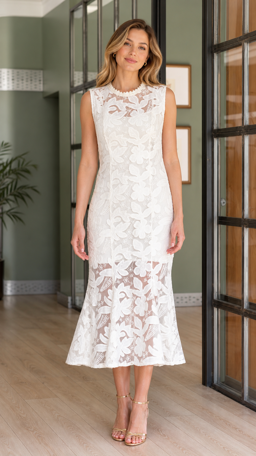 Front view of model wearing white sleeveless floral lace mermaid midi dress with beaded neckline