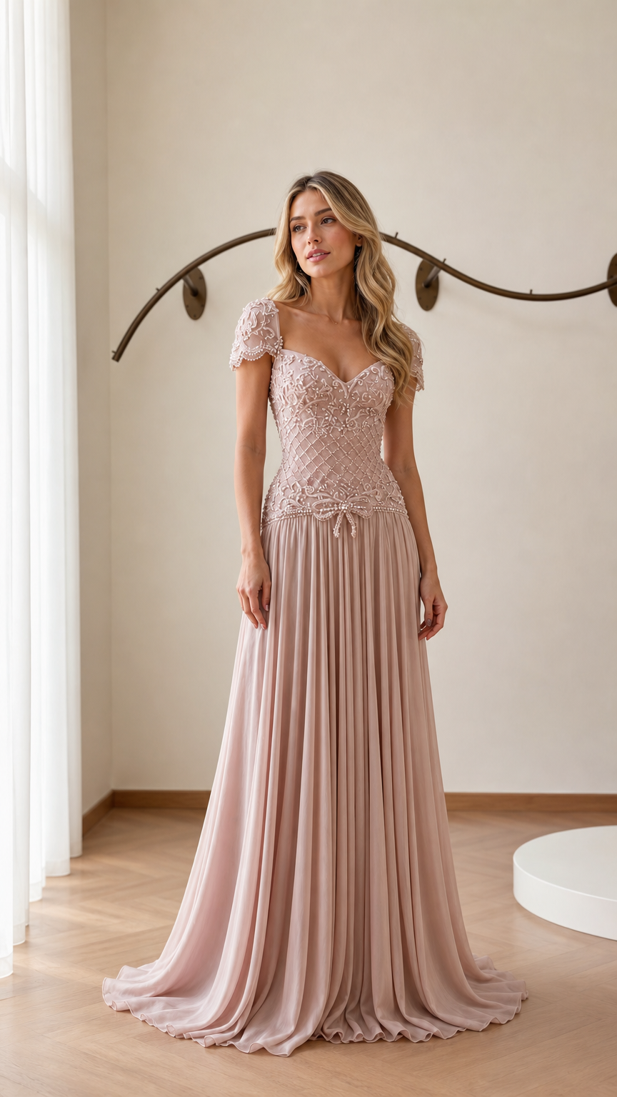 Front view of model wearing blush pink beaded chiffon evening gown