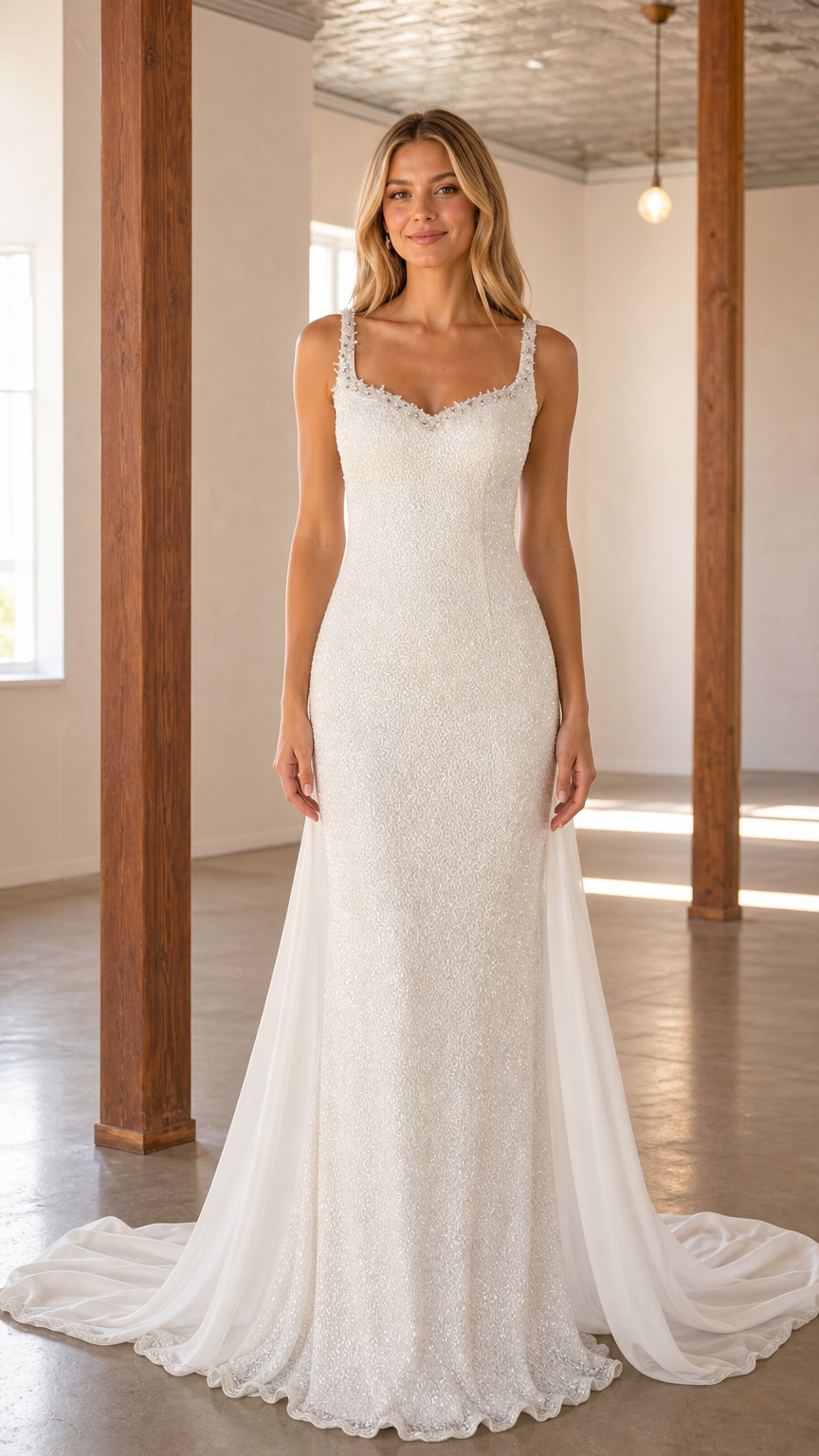 Front view of white beaded column wedding dress with chiffon train
