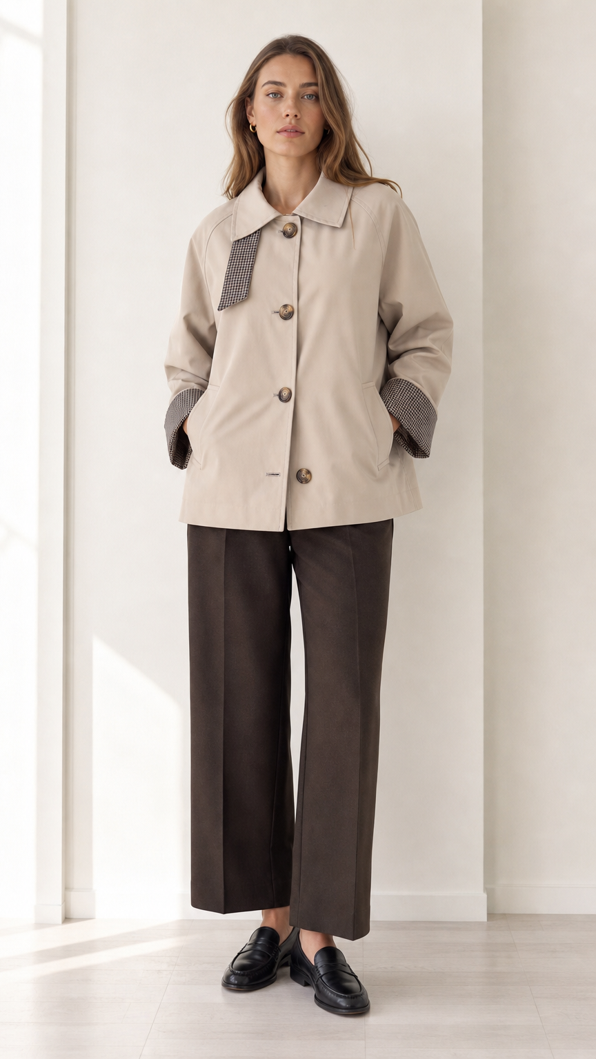Front view of women's beige short trench jacket with houndstooth trim and dark trousers
