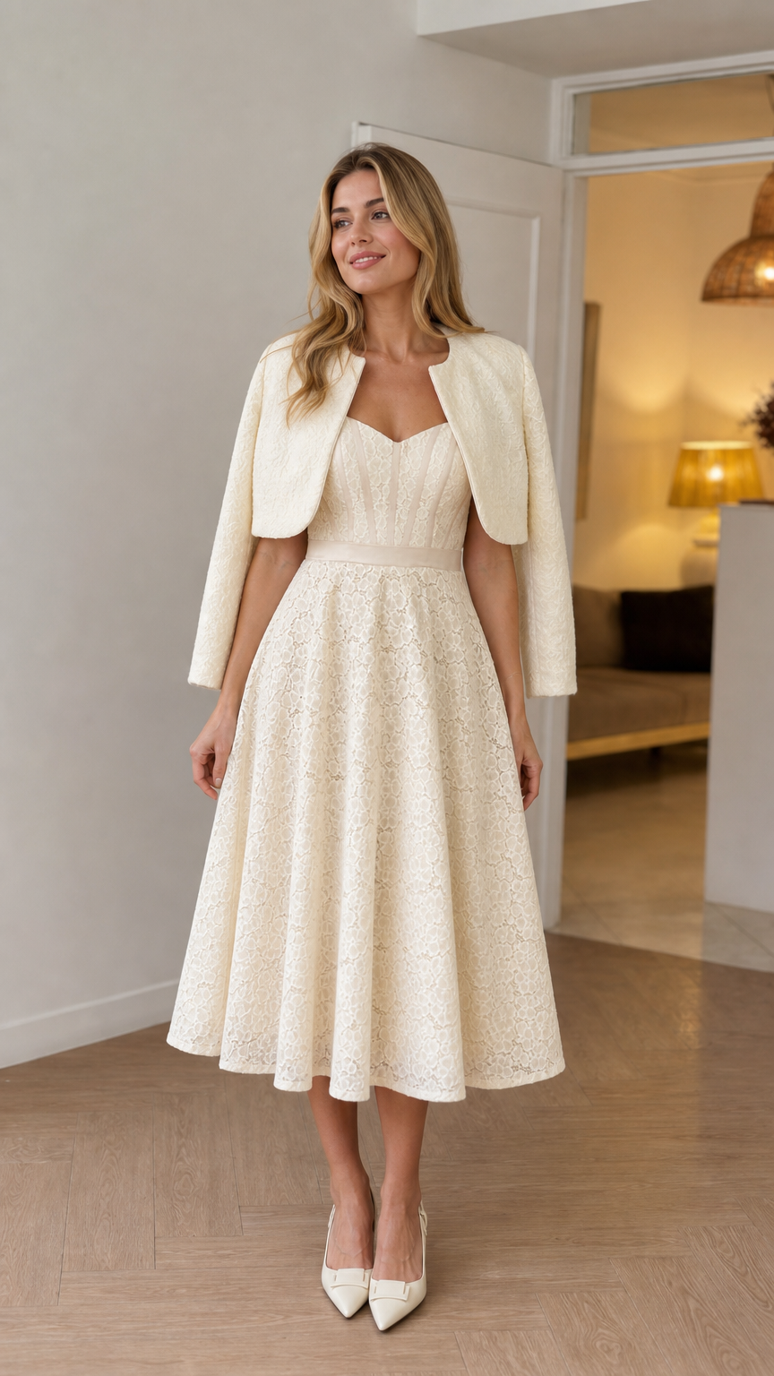 Front view of Ivory lace sweetheart midi dress with matching cropped bolero jacket