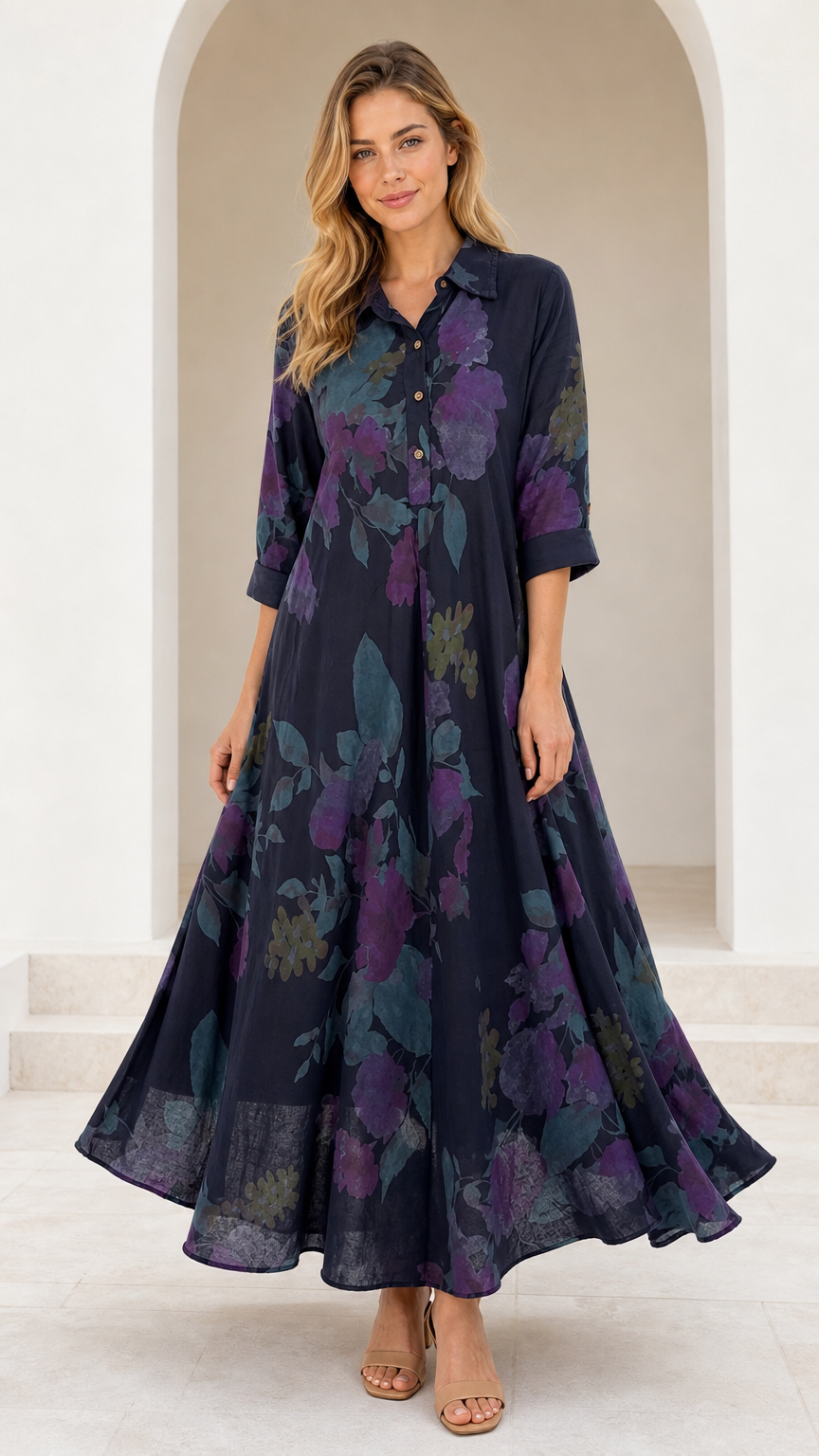 Front view of model wearing Navy Blue floral collared maxi shirt dress