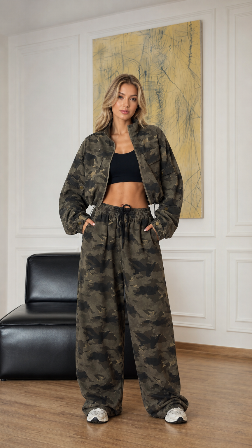 Front view of model wearing army green camouflage cropped zip jacket and wide-leg pants set