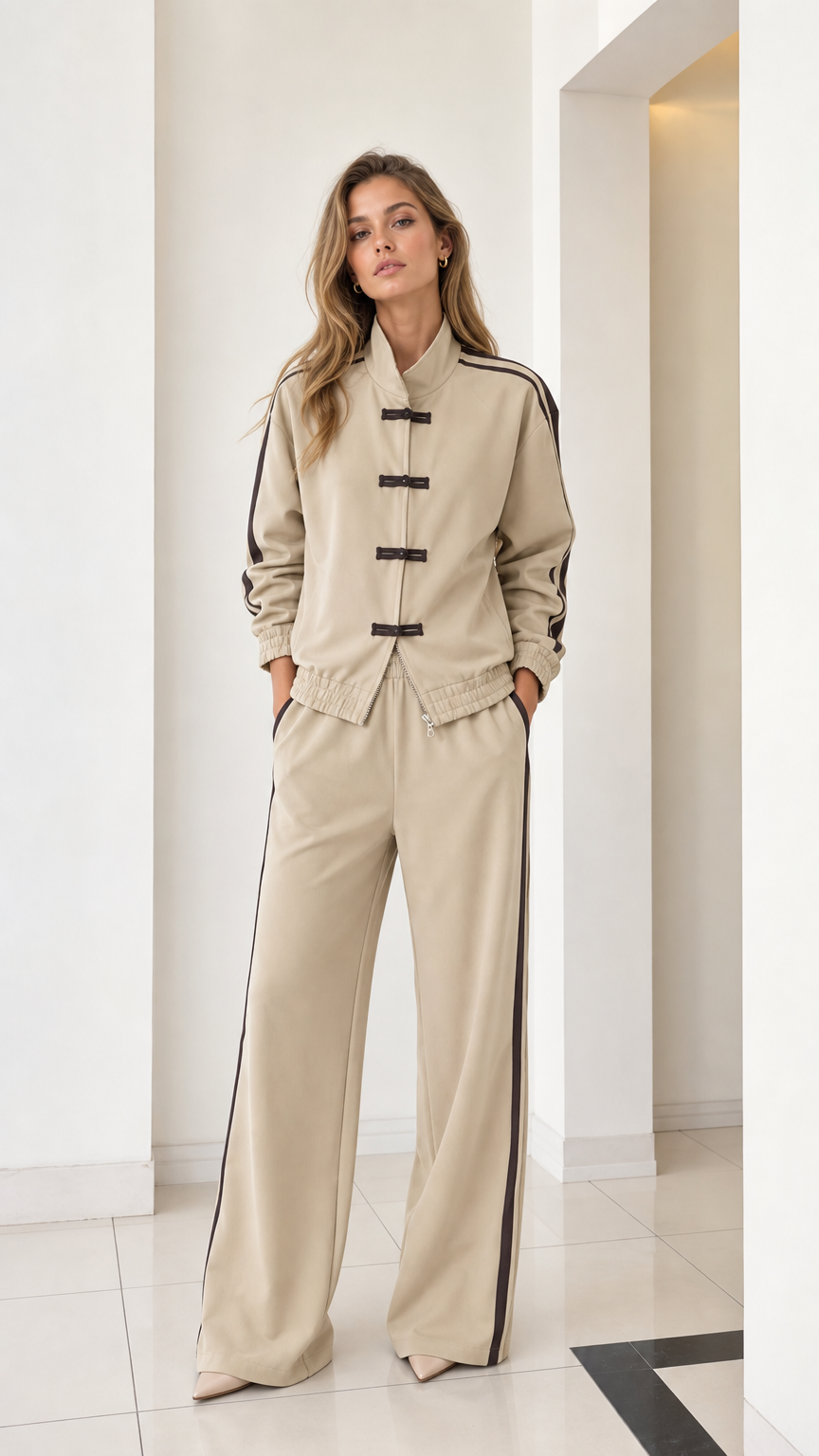Full front view of women's beige tracksuit set with frog buttons and wide-leg pants