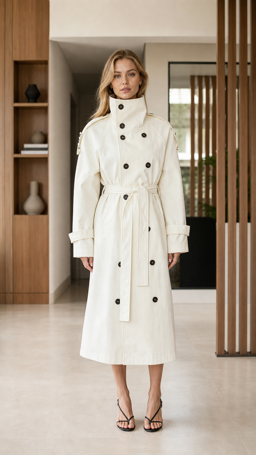 Front full-length view of woman wearing Cream double-breasted high neck belted trench coat