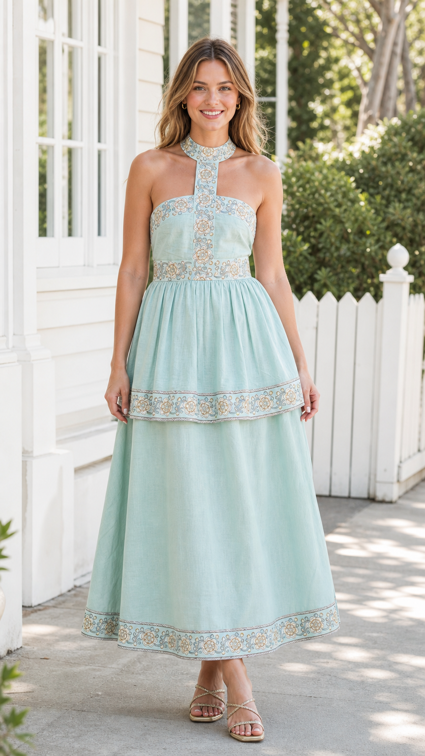 Front view of model wearing mint embroidered halter midi dress