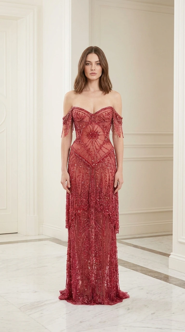 Model wearing red off-shoulder beaded evening gown, front view