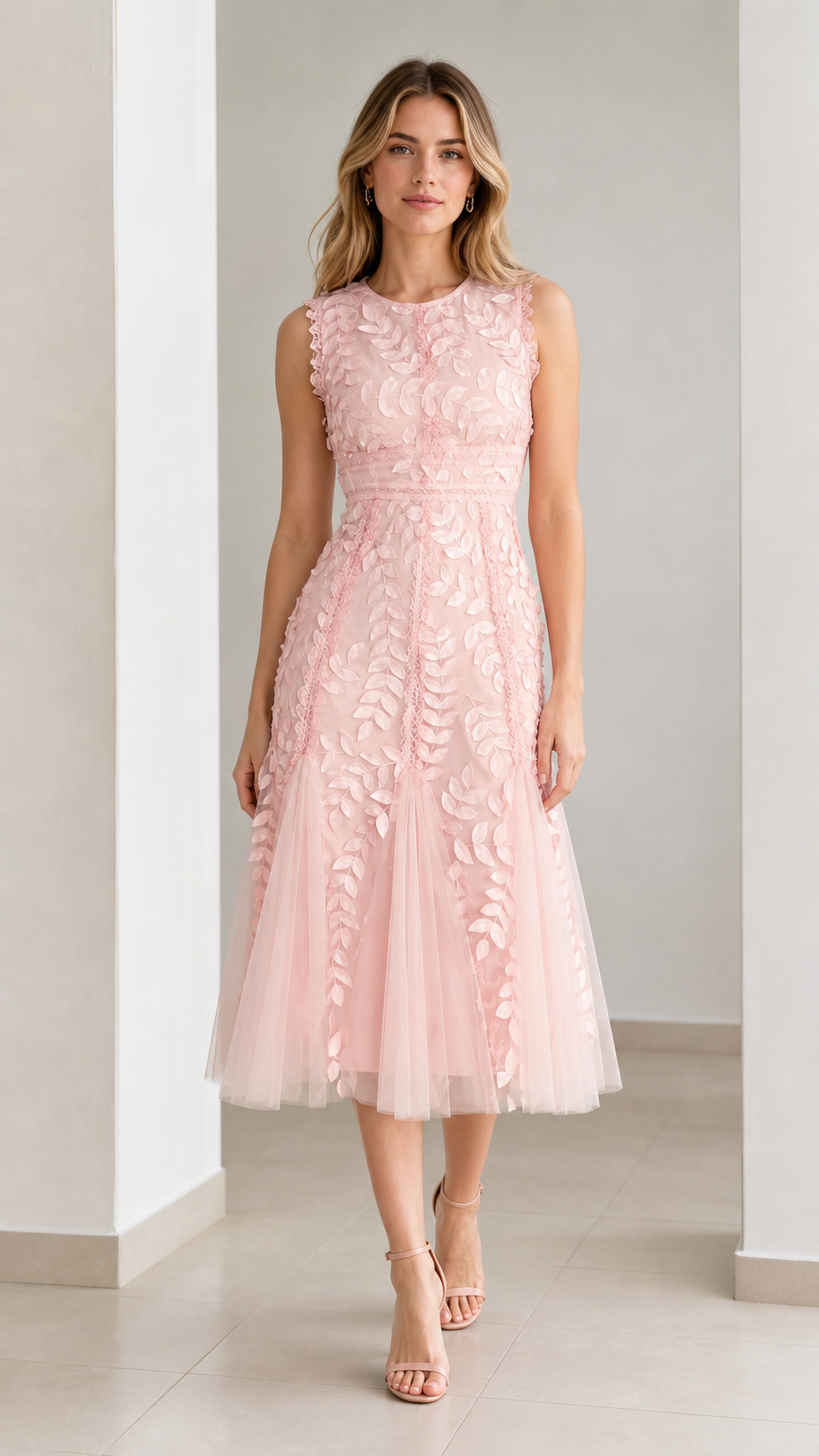 Front view of model wearing pink embroidered leaf applique midi dress