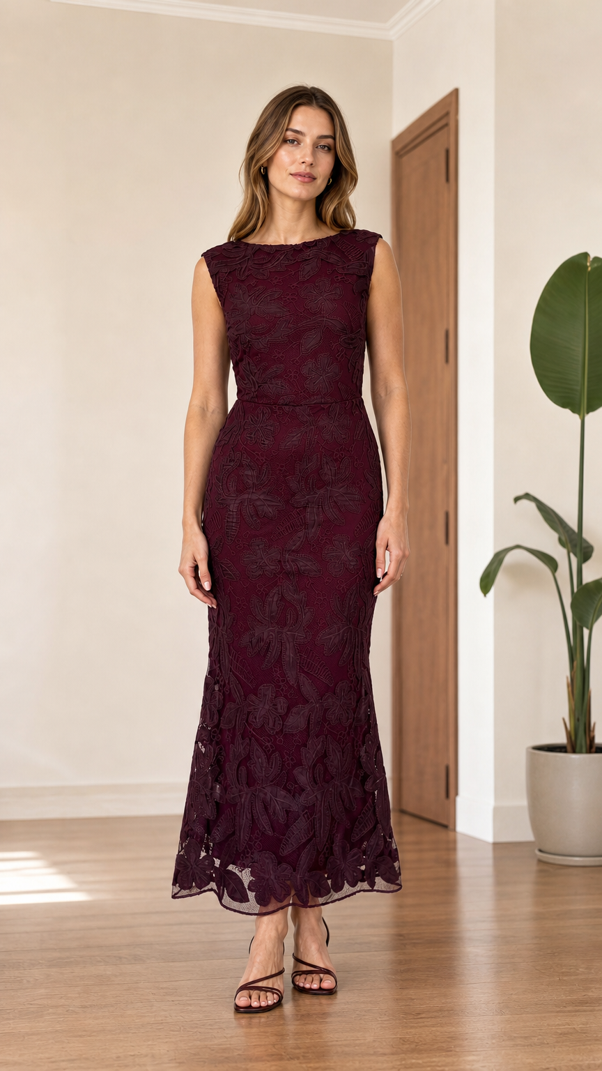 Front view of model wearing burgundy sleeveless floral lace maxi dress
