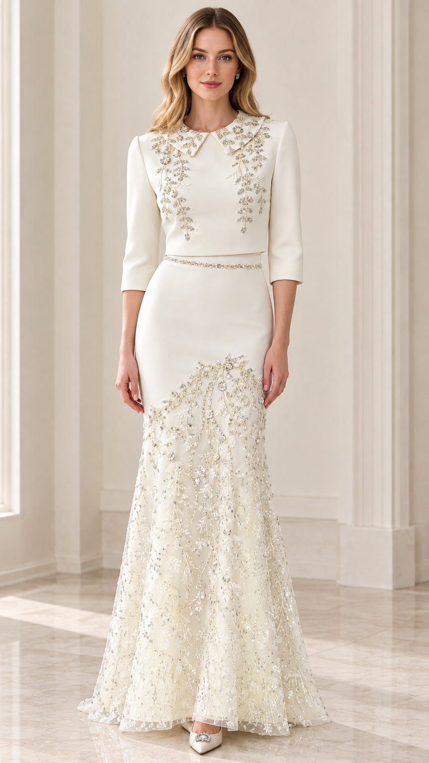 Full front view of model wearing Ivory beaded collar 3/4 sleeve mermaid evening gown
