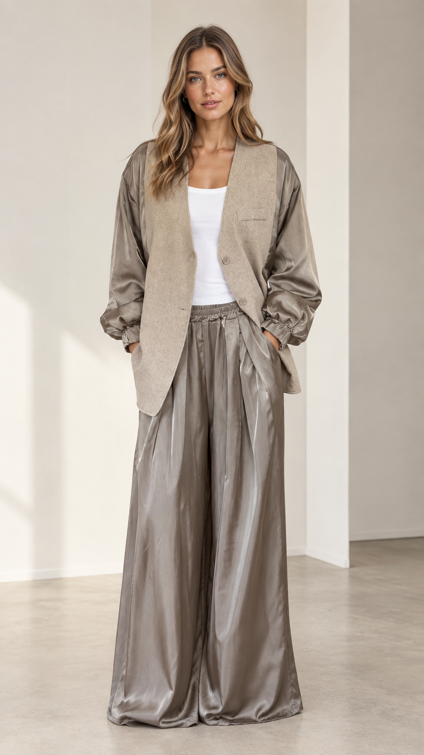 Front view of model wearing taupe textured blazer with satin balloon sleeves and matching wide-leg trousers