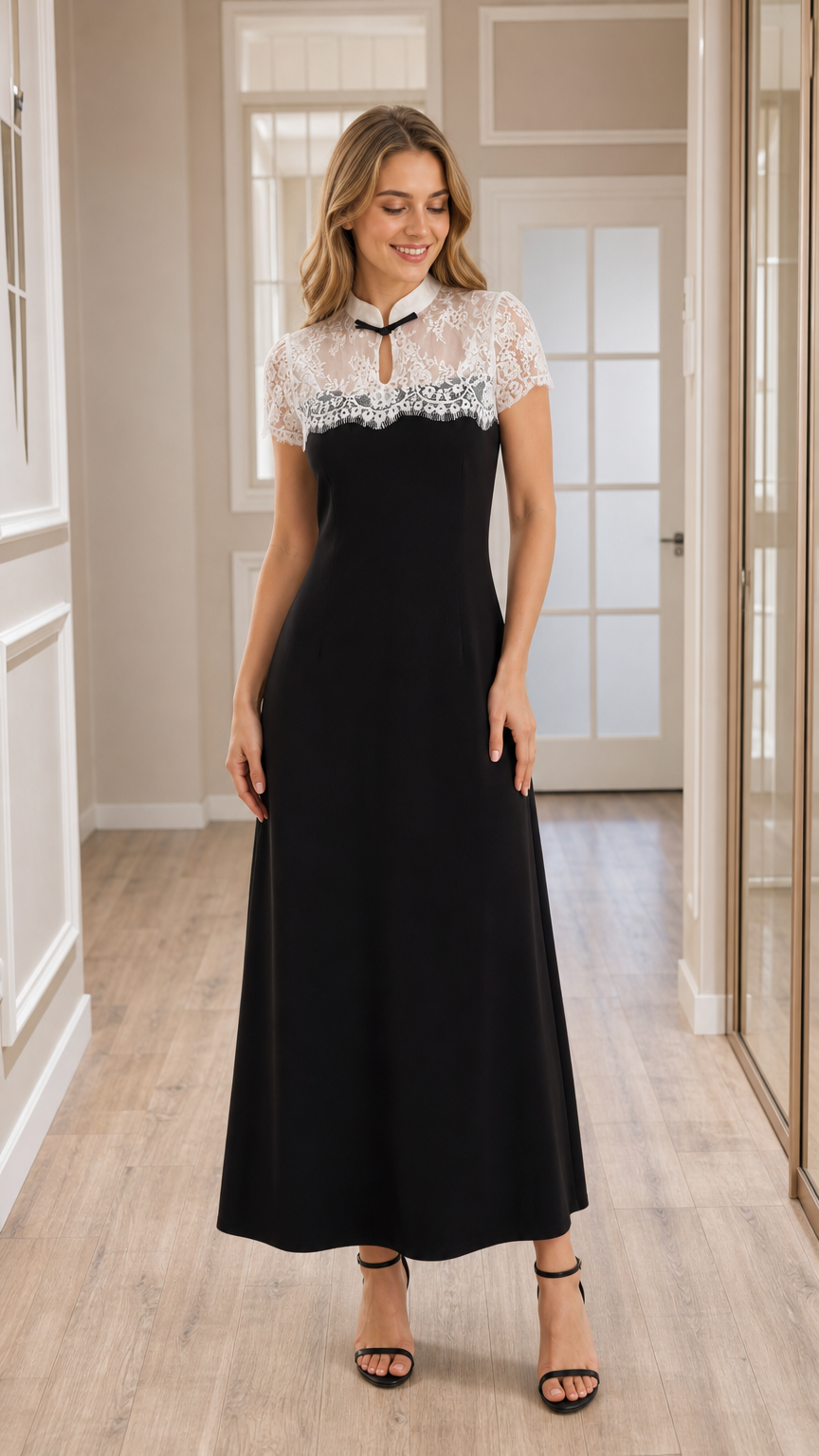 Front view of model wearing black lace yoke A-line maxi dress with keyhole collar