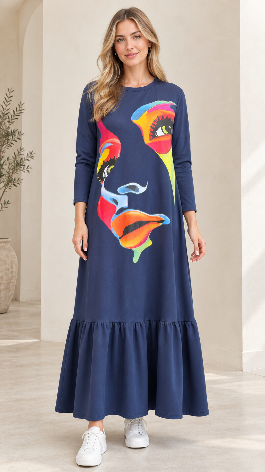 Front view of woman wearing Navy Blue abstract graphic print tiered maxi dress with white sneakers