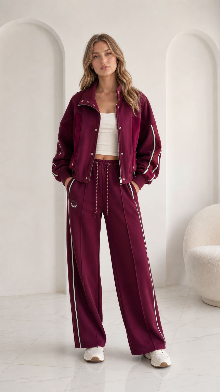 Women's burgundy 2-piece tracksuit set with zip jacket and wide leg pants front view