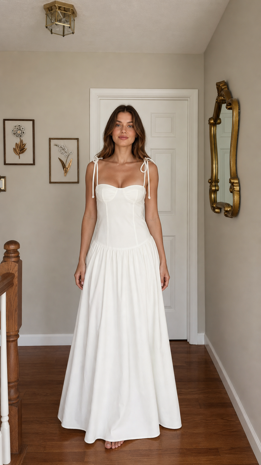 Front view of woman wearing white tie-strap corset maxi dress