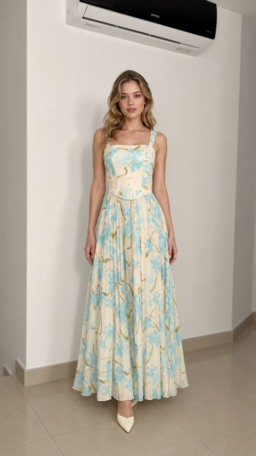 Model wearing ivory floral maxi dress from the front