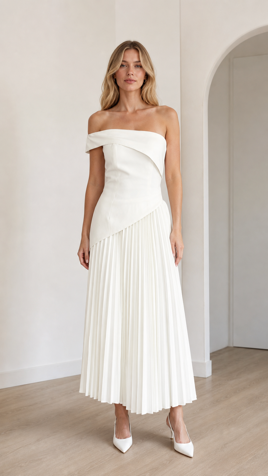 Model wearing white off-shoulder asymmetric pleated midi dress from front