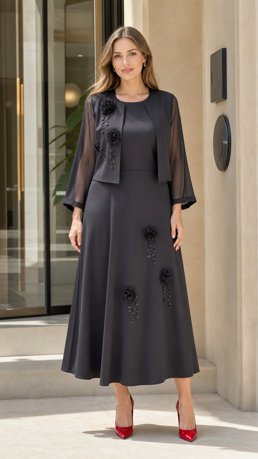 Front view of Charcoal Grey 2-piece formal maxi dress set with bolero jacket and floral appliqué