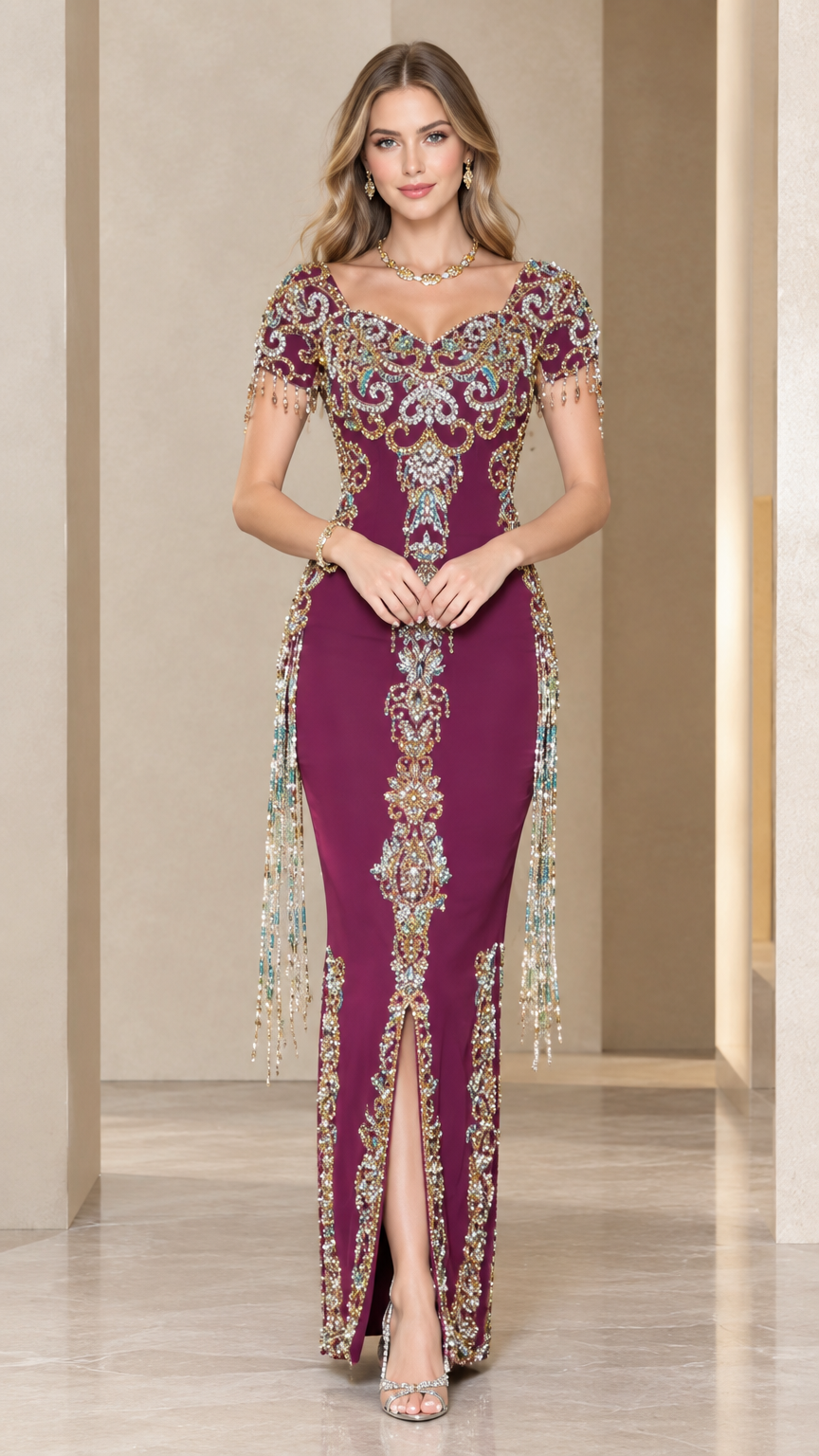 Plum beaded sweetheart column evening gown with cap sleeve fringe and front slit front view