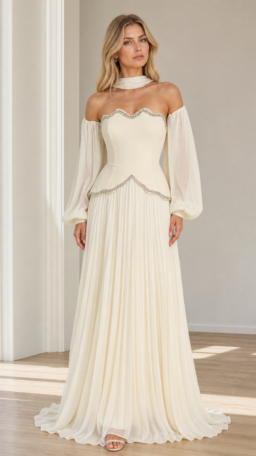 Front view of model wearing ivory off-the-shoulder pleated maxi evening gown with beaded scallop trim and choker