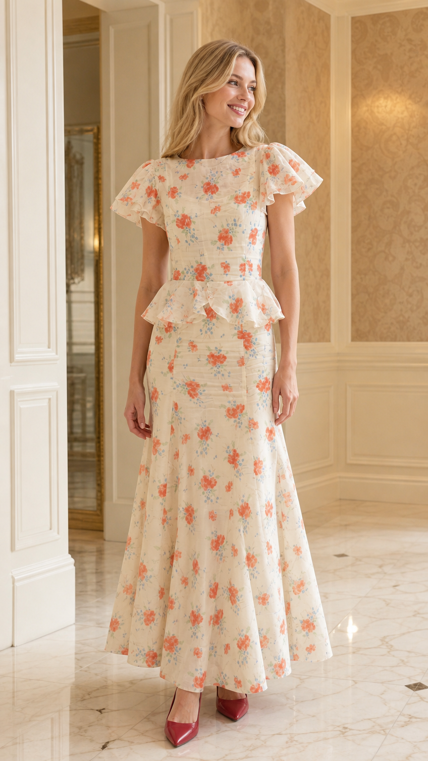 Front view of cream floral print ruffle sleeve peplum maxi dress