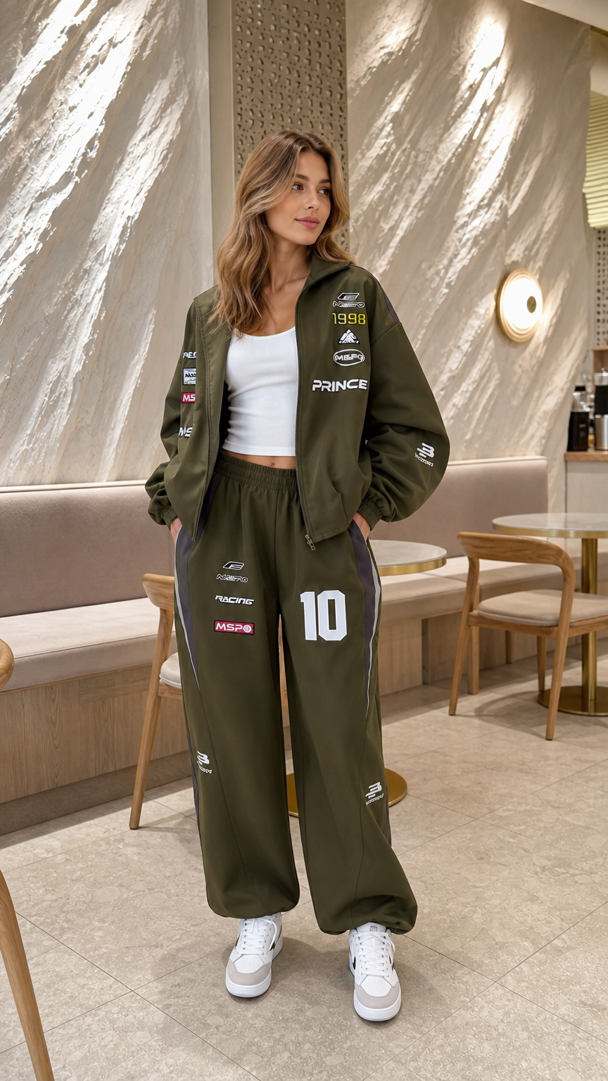 Model wearing olive green racing graphic zip-up jacket and wide-leg track pants set