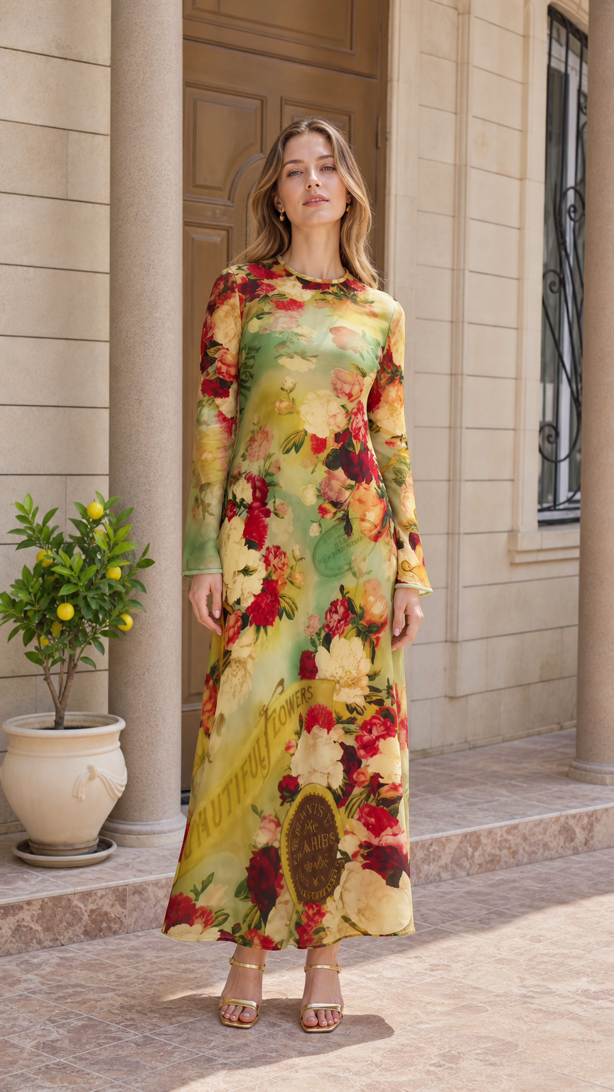 Front view of model wearing olive yellow vintage floral long sleeve maxi dress