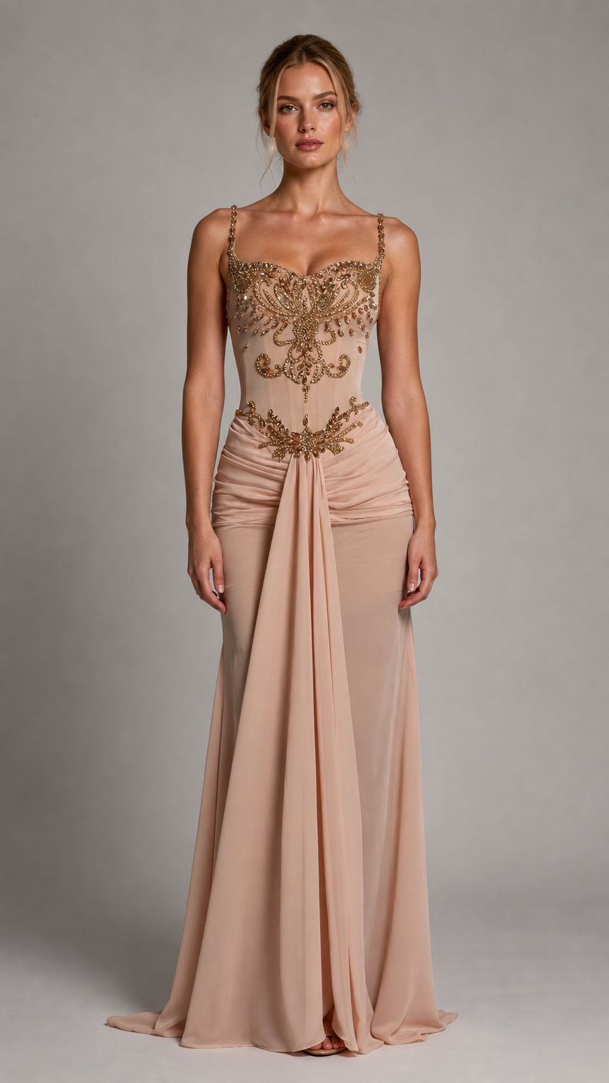 Front view of nude embellished corset evening gown