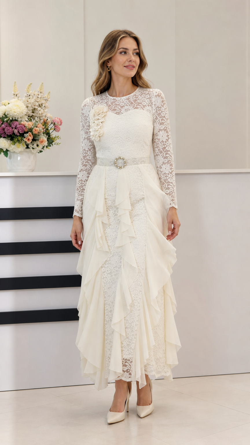 Off White long sleeve lace evening maxi dress with cascading ruffles and belt front view