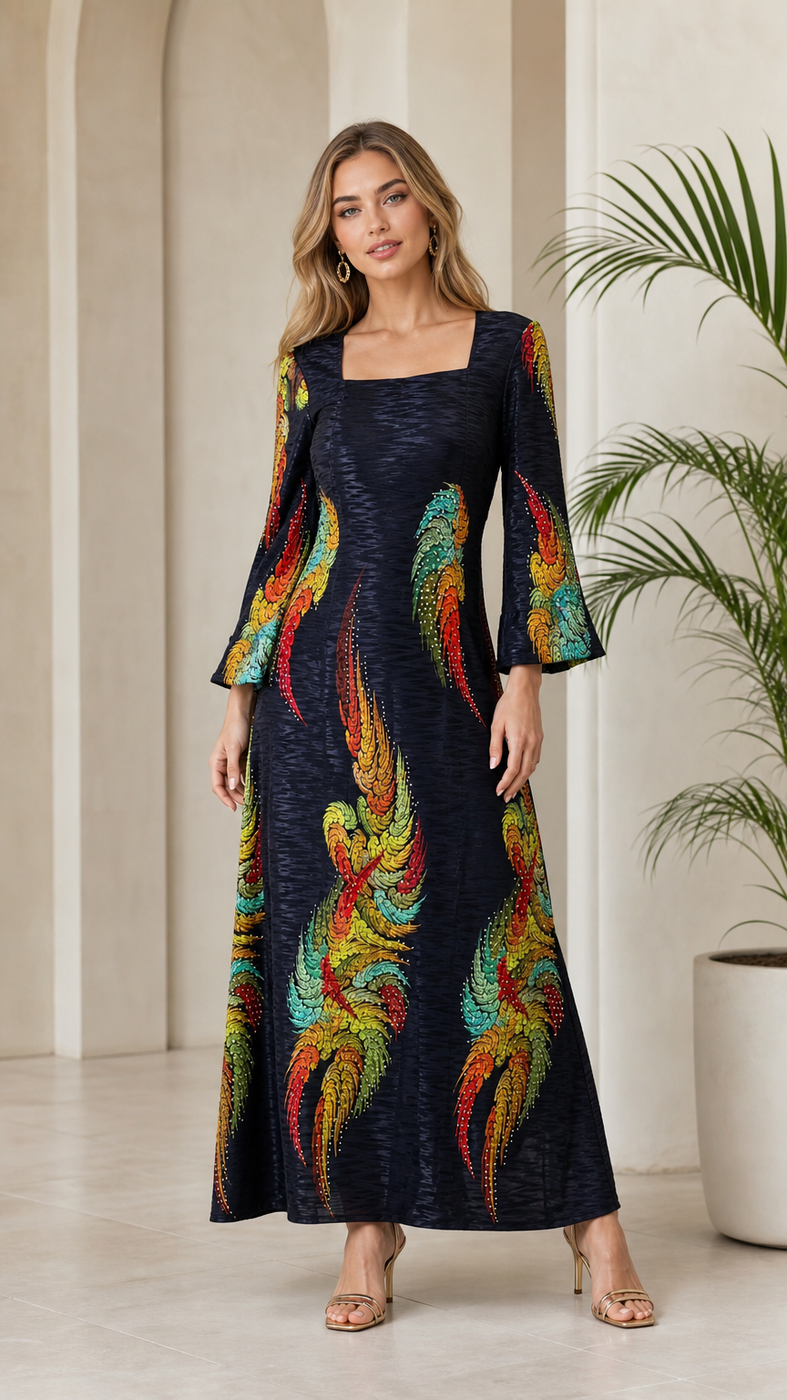 Front view of model wearing Navy Blue square neck bell sleeve maxi dress with vibrant feather print