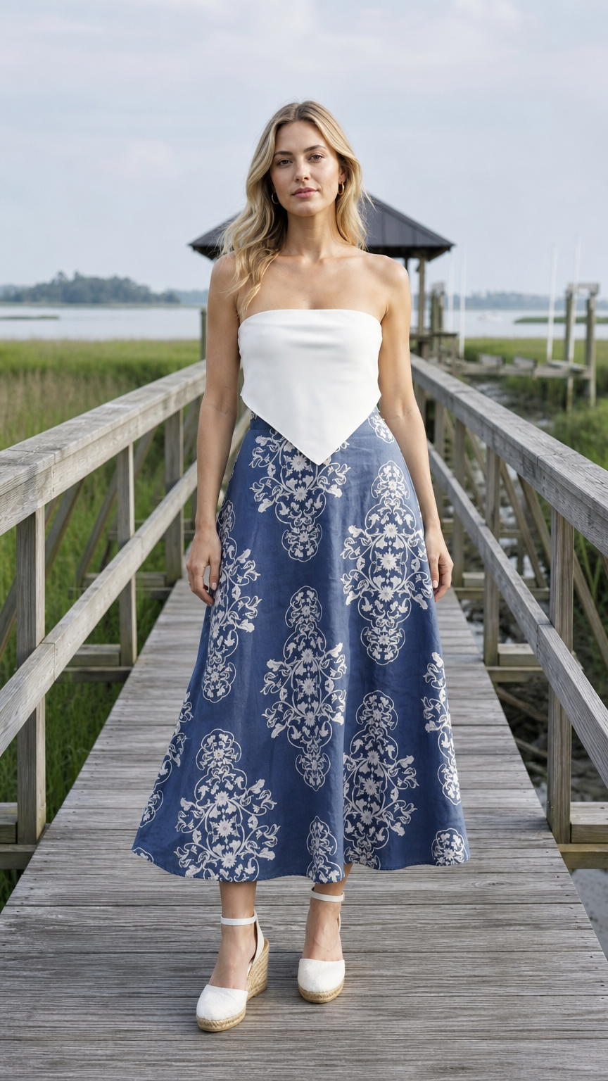 Front view of blue floral midi skirt paired with white top on wooden dock