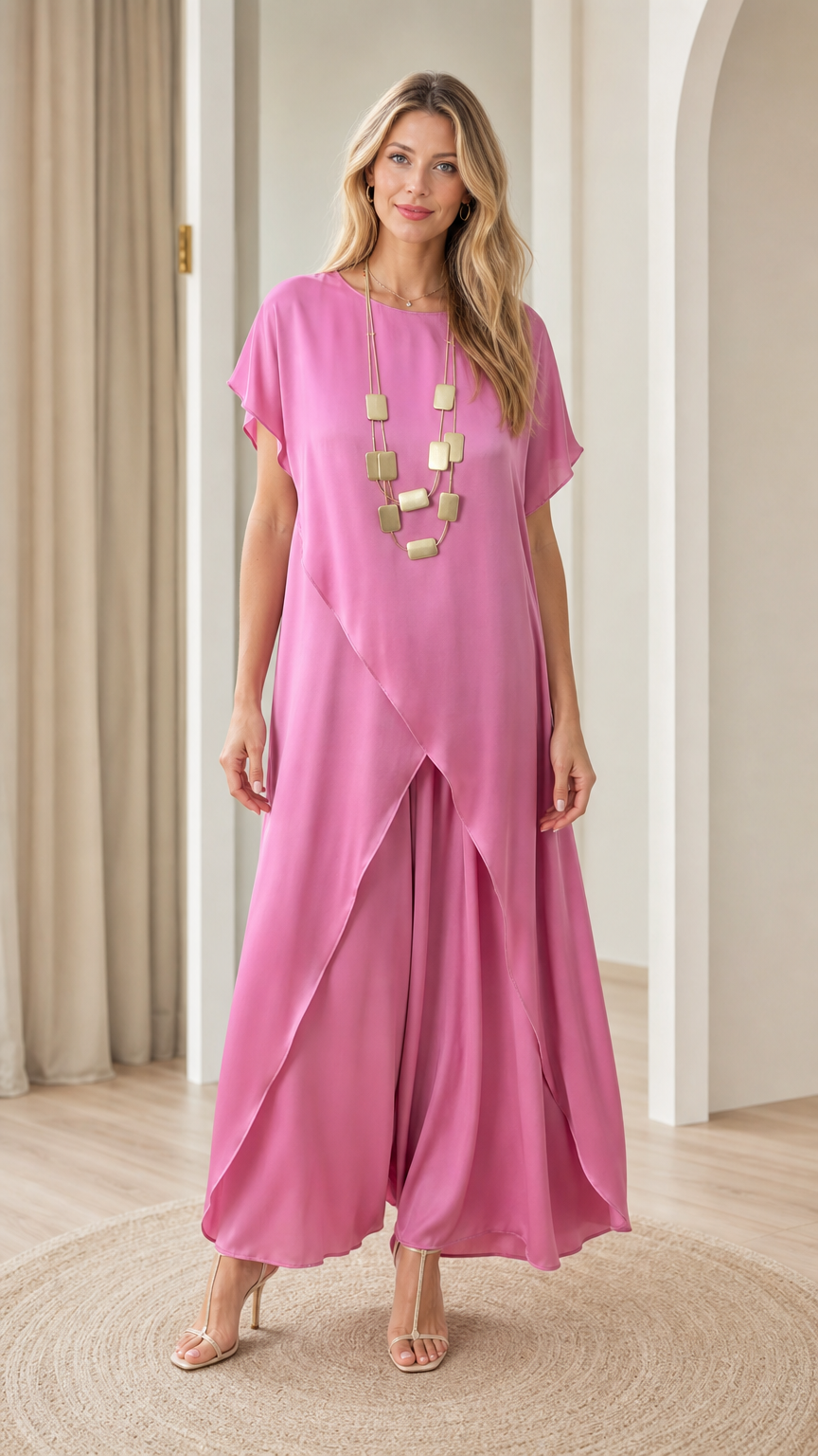 Full front view of model wearing fuchsia pink short-sleeve tunic top with overlapping tulip hem and matching wide-leg pants