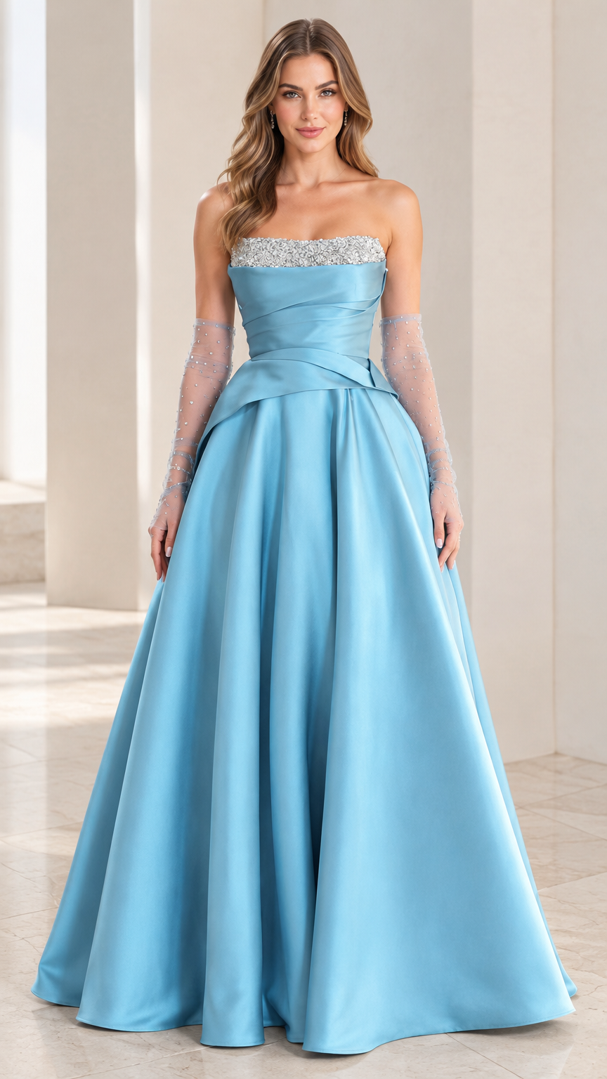 Sky blue strapless satin evening gown with beaded neckline front view
