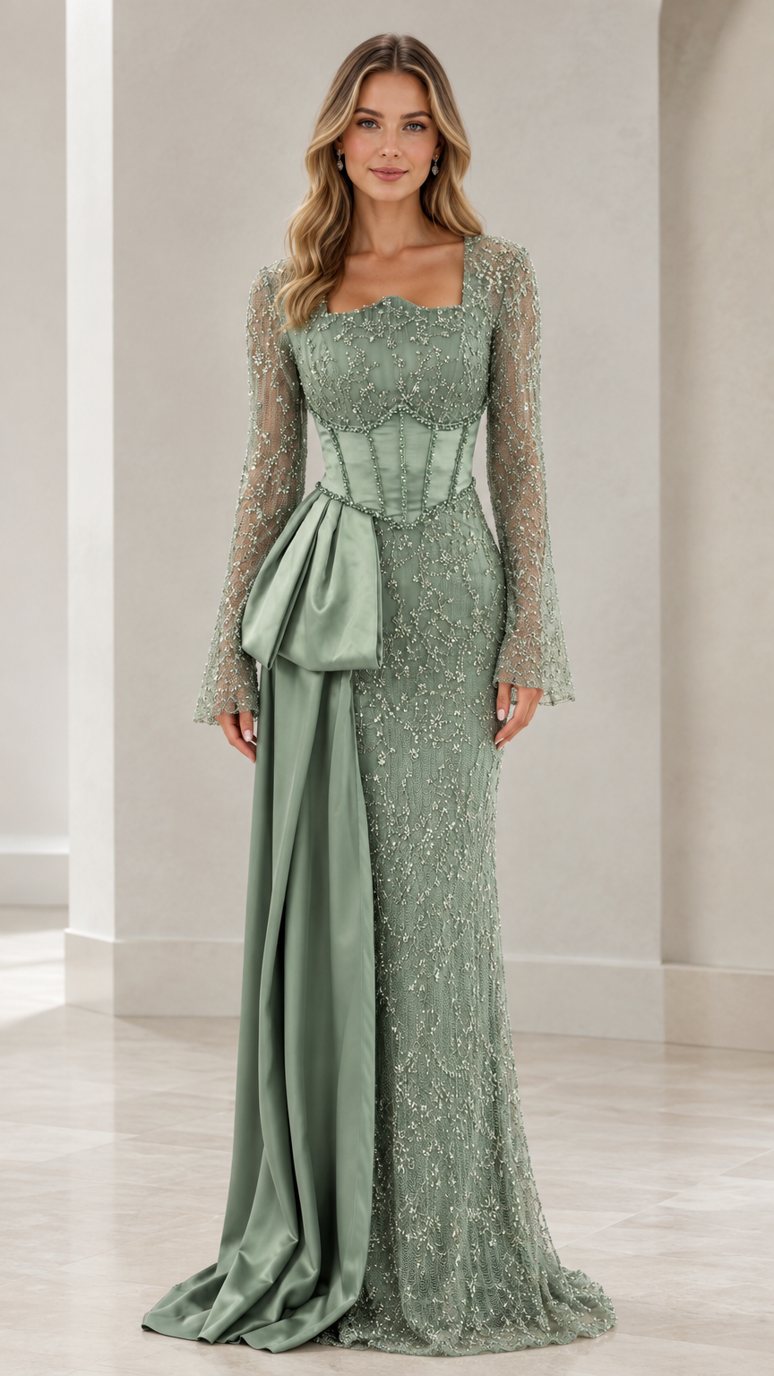 Front view of model wearing sage green beaded evening gown with corset bodice and satin side drape