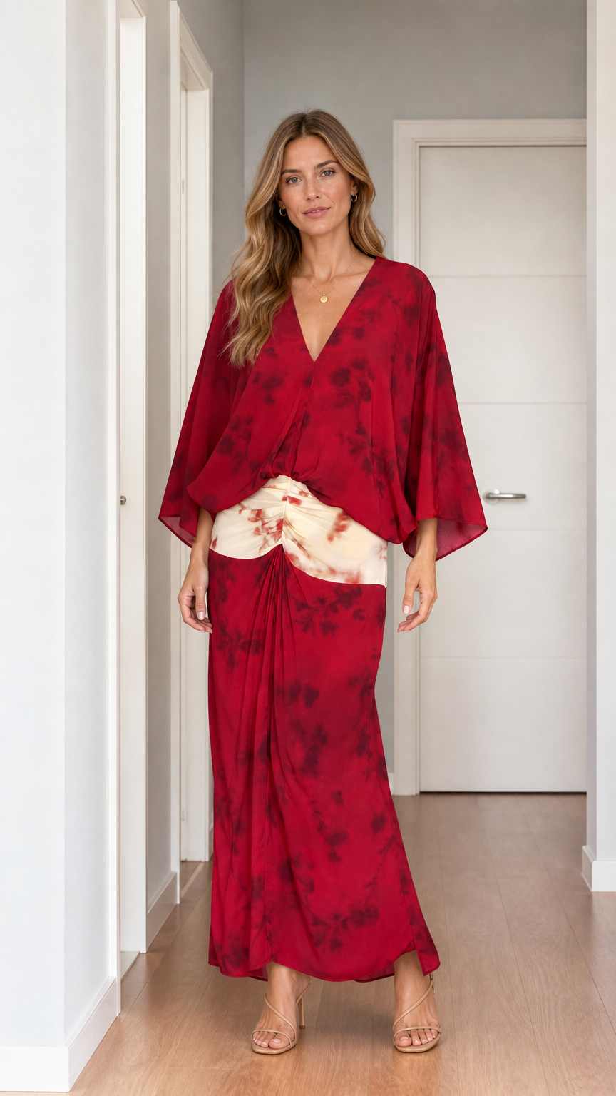 Model wearing red tie-dye two-piece set from the front