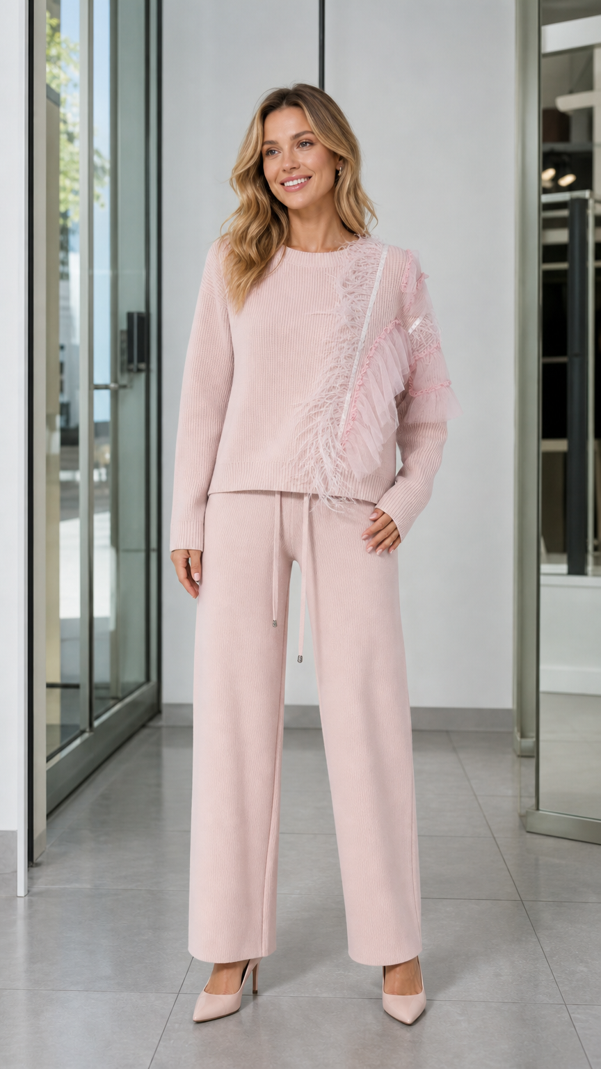 Front view of woman wearing Light Pink feather trim knit sweater and matching wide-leg pants set