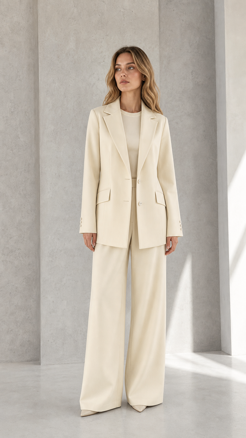 Front view of woman wearing cream tailored blazer and wide-leg trousers suit set