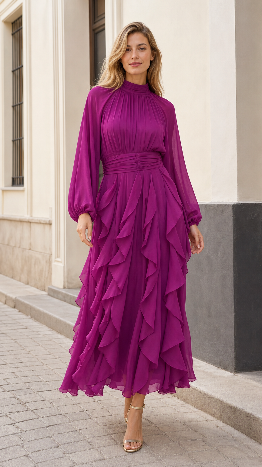 Front view of model wearing magenta high neck ruffle chiffon maxi dress with long sleeves