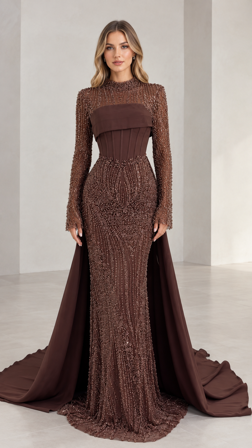 Front view of woman wearing brown beaded high neck evening gown with corset bodice and train