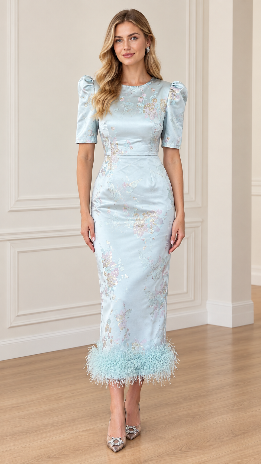 Front view of Light Blue floral jacquard puff sleeve midi dress with feather hem